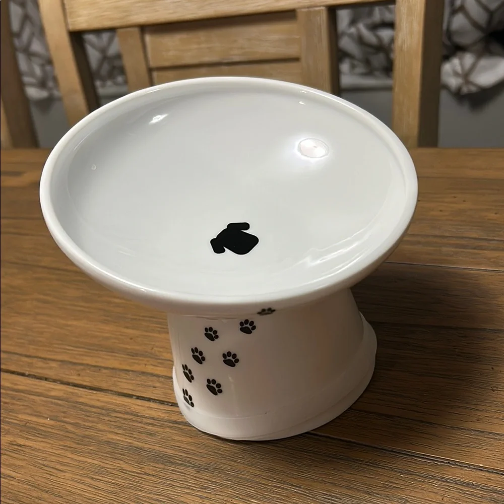 White Pet Bowl with Black Paw Prints